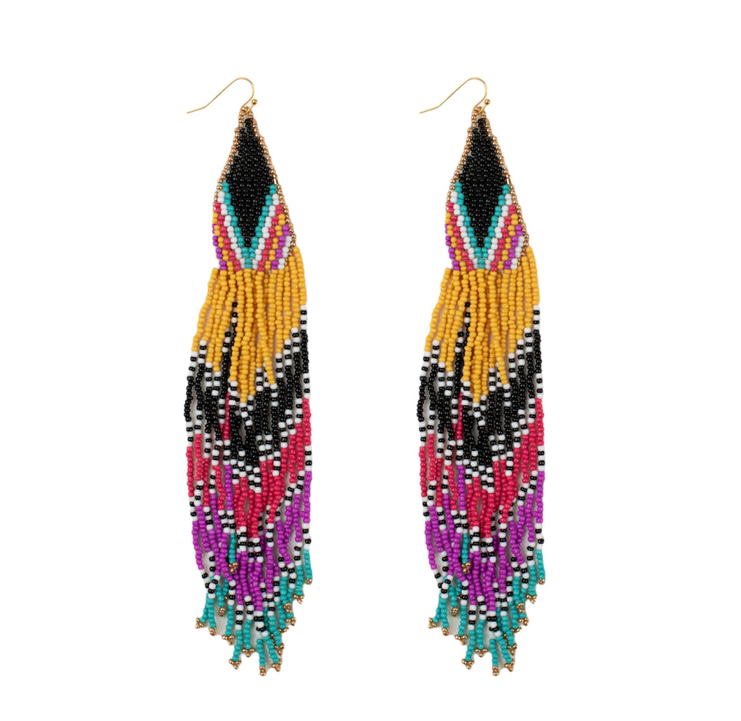 Extra Long Aztec Seed Beaded Earrings