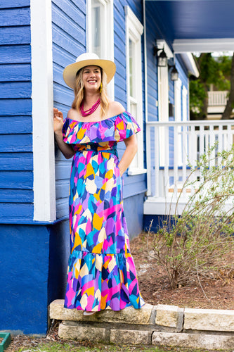 Multicolor Print Off-Shoulder Maxi Dress