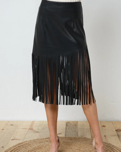 Faux Leather Fringe Knee Length Skirt