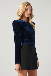 Blue Velvet Ribbed Power Shoulder Top