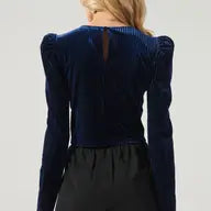 Blue Velvet Ribbed Power Shoulder Top