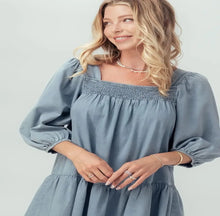 Denim Smocked Puff Sleeve Swing Dress