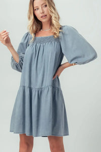 Denim Smocked Puff Sleeve Swing Dress