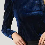 Blue Velvet Ribbed Power Shoulder Top