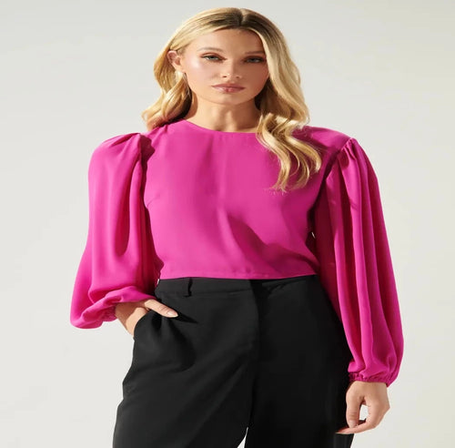 On My Way Balloon Sleeve Cropped Top-Fuschia