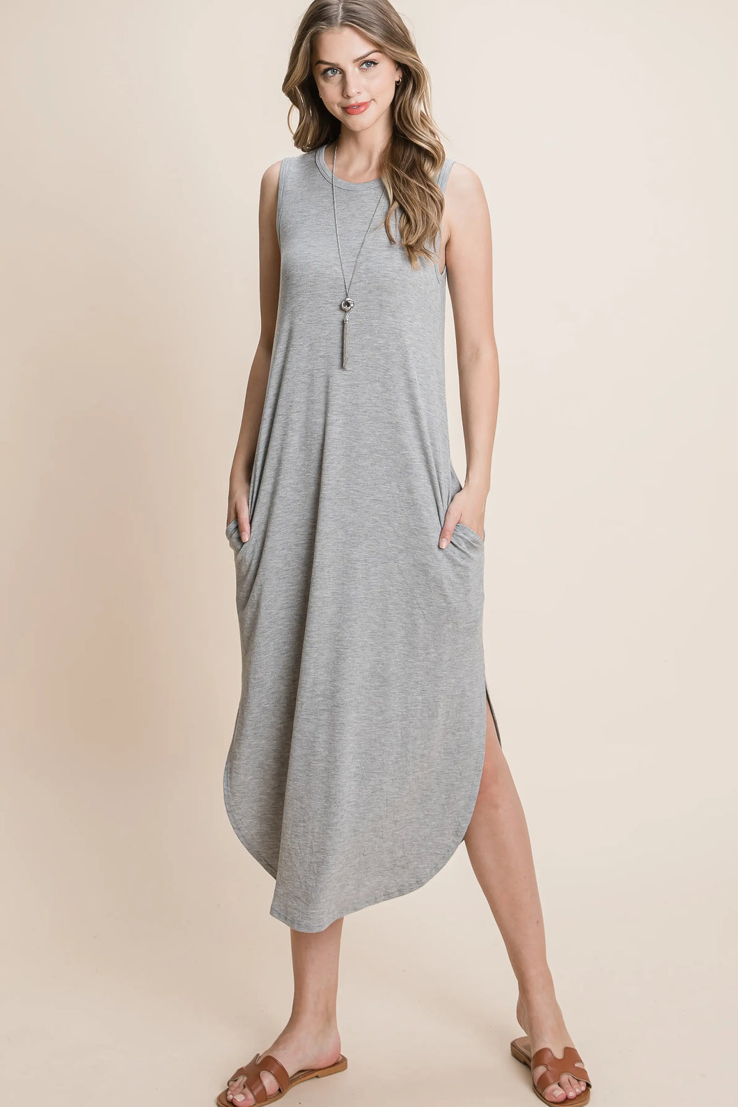 Grey Basic Sleeveless Midi Dress