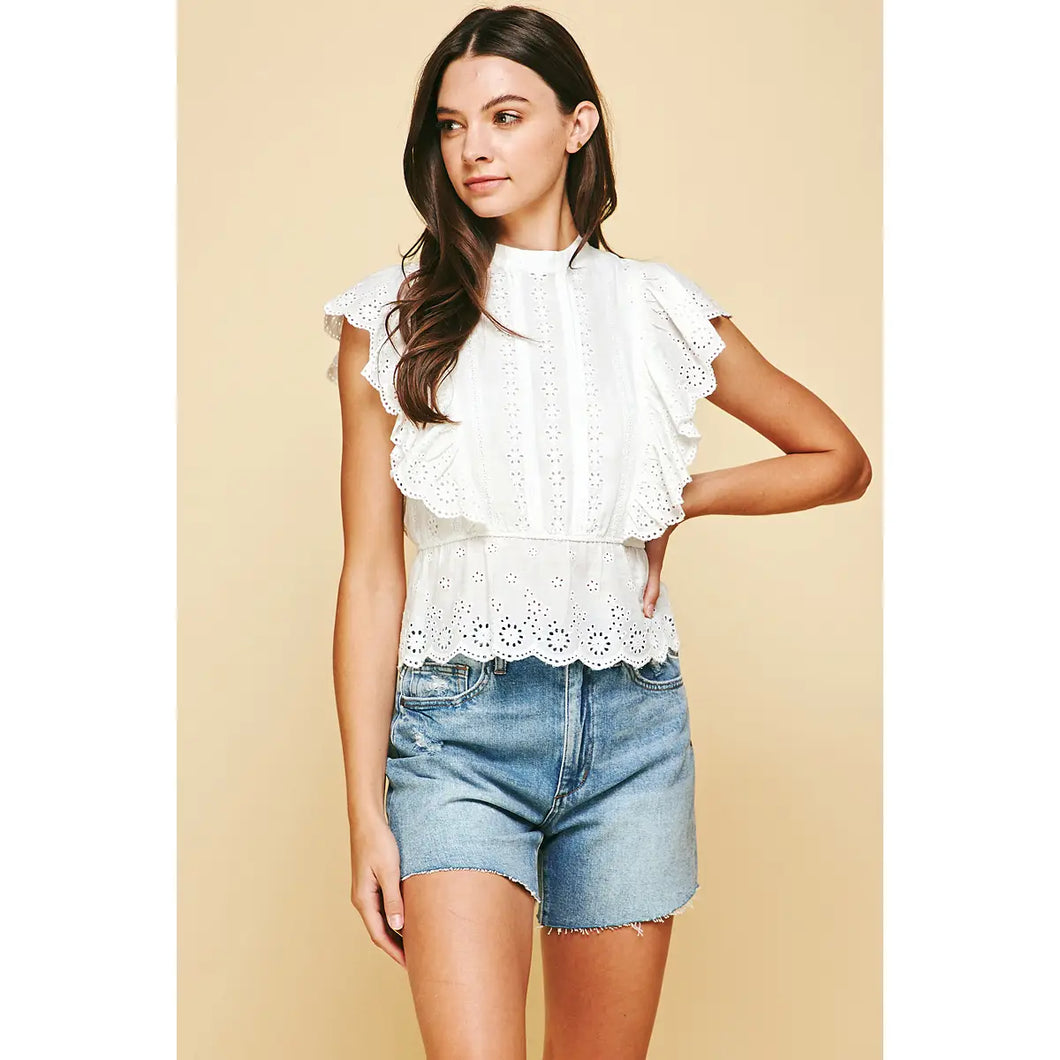 White Embroidered Ruffle Top